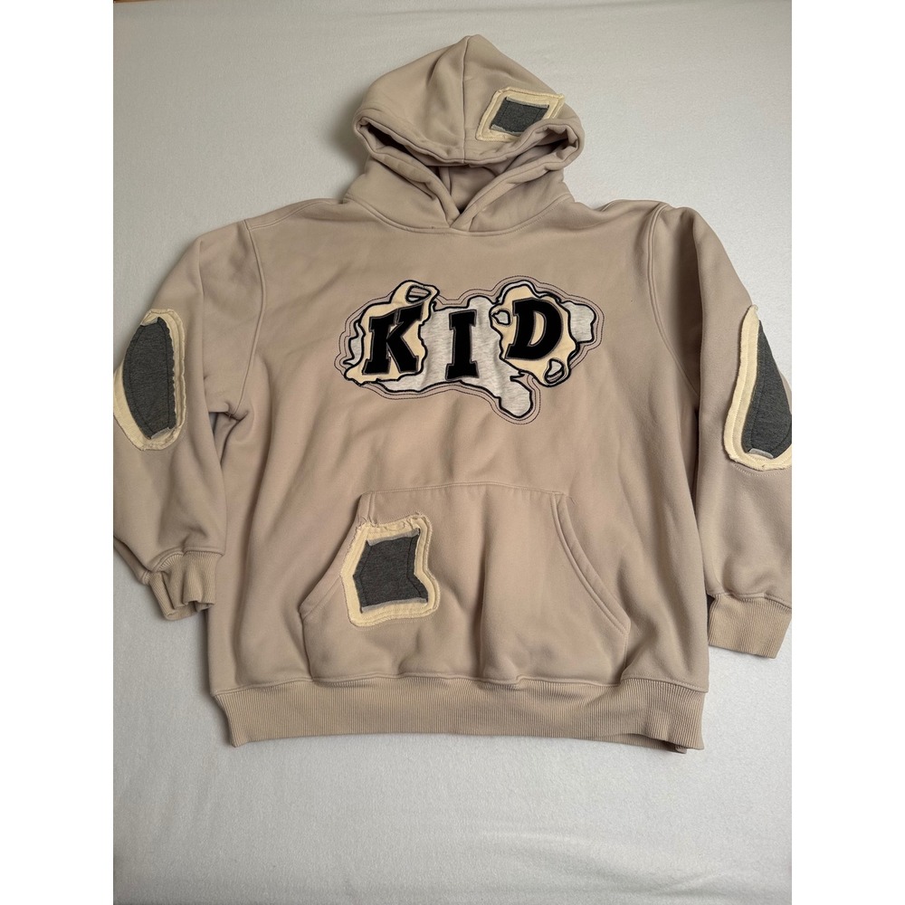 Ader Error AEL Tan KID Patch Hoodie Deconstructed Graphic Sweatshirt Beige